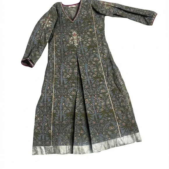 Maison Shefali Hand Block Print Dress - Small - Blue/White/Green Floral - Picture 4 of 11